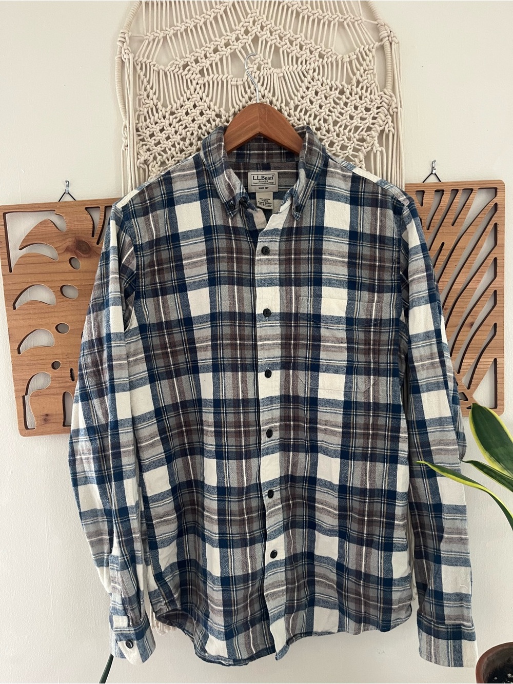 L.L Bean Slim Fit Plaid Flannel Long Sleeve Button Up Shirt Medium Cotton